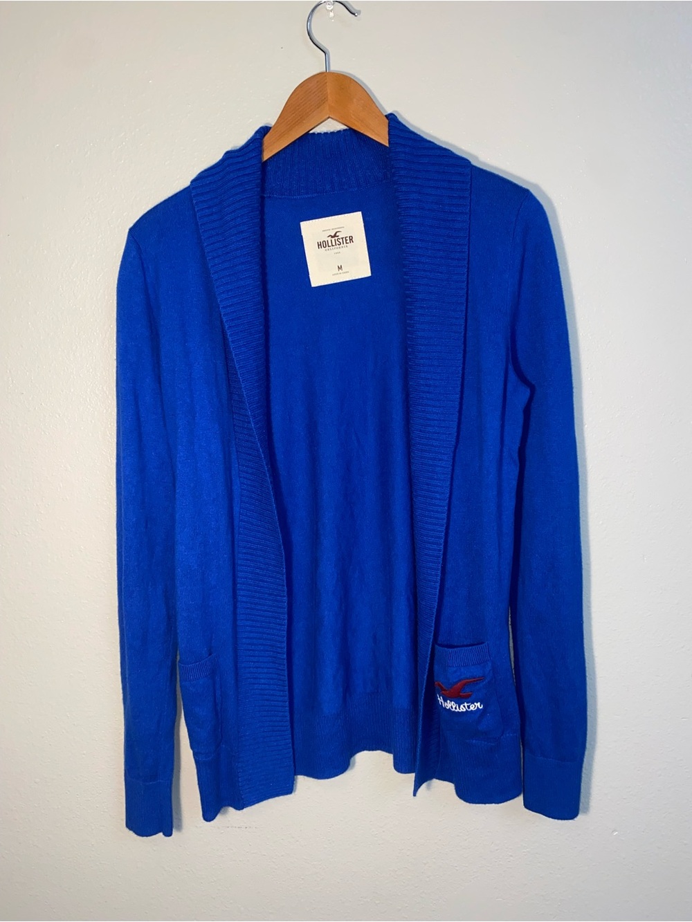Hollister Royal Blue Open Front Shawl Collar Cardigan Sweater Size M Preppy